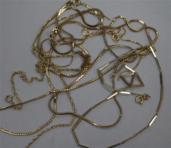 Five 9ct gold chains and a 9ct gold bracelet.